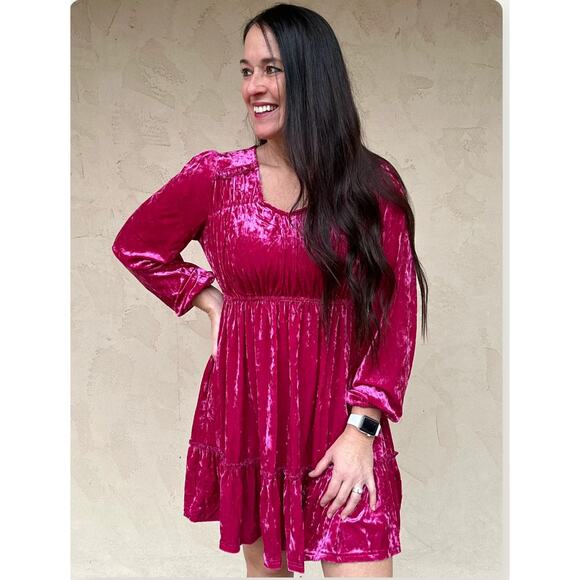 Jodiful Magenta Pink Medium Crushed Velvet Long SLeeve Tiered Dress - Picture 8 of 8